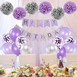 Qfdian  Lavender Purple Happy Birthday Banner Decorations for Purple Silver Mothers Day Party Pompom Flower Foil Latex Balloons Supplies