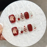 Qfdian  10pcs 3D Red Cherry Christmas Handmade Press on Nails Christmas Tree Full Cover Nail for Women&Girls Removable Wearable Nail Art