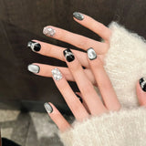 Qfdian 10pcs Luxury Handmade Press On Nails Short French Fake Nail Black Light Bulb Cat Eye Rhinestone Design Cool Fake Nails Wearable