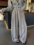 Qfdian  Embroidered Plaid Wide Leg Pants Women's Loose Elastic Waist Casual Trousers Korean Fashion Casual Pocket Straight Pants