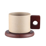 Qfdian Vintage Ceramic Wooden Handle Coffee Cup with Tray Antique 300ml Tea Cup Home Office Mug Birthday Gift Breakfast Mug Home Decor