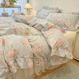 Qfdian 2/3Pc Korean Princess Style Floral Ruffles Bedding Set Single Queen Size Soft Skin-friendly Washed Cotton Duvet Cover Pillowcase