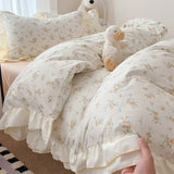 Qfdian  Korean Sweet Cherry Print Ruffles Bedding Sets oft Washed Cotton Duvet Cover Set Cute Princess Style Bedding for Girls Bedroom