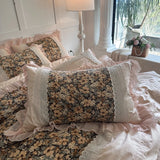 Qfdian  Vintage Floral Print Lace Ruffles Princess Bedding Set Egyptian Cotton Duvet Cover Bed Sheet Pillowcases