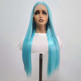 Qfdian Blue Wig Long Straight Synthetic Lace Front Wig Glueless Ready to Wear Cosplay Party Light Blue Hair Lace Frontal Wigs for Women