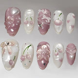 Qfdian  24pcs Red Cat Eye Press on Nails Pearl Heart Stick on Nails Bow French Fake Nails Sweet Cute Flower Nail Almond 3D False Nail