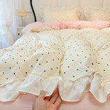 Qfdian  Korean Ruffle Polka Dot Duvet Cover Set for Girls Cute Soft Washed Cotton Bedding Set with Pillowcases Sheet Queen Size