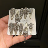 Qfdian  Luxury Silver Toned Press on Nails with Diamonds and Pearls Made of Eco friendly ABS Plastic Alloy and Cultured Pearls Exquisite