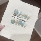 Qfdian  10pcs Short Almond False Nails Blue Gradient Fake Nails Hand Painted Flowers Pearl Stick on Nails Shiny Cat Eye  Press on Nail