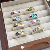Qfdian  Minimalist Handmade Zircon Ring Simple Design Retro Texture Crystal Ring Irregular Shape Matte Finish Gemstone Ring