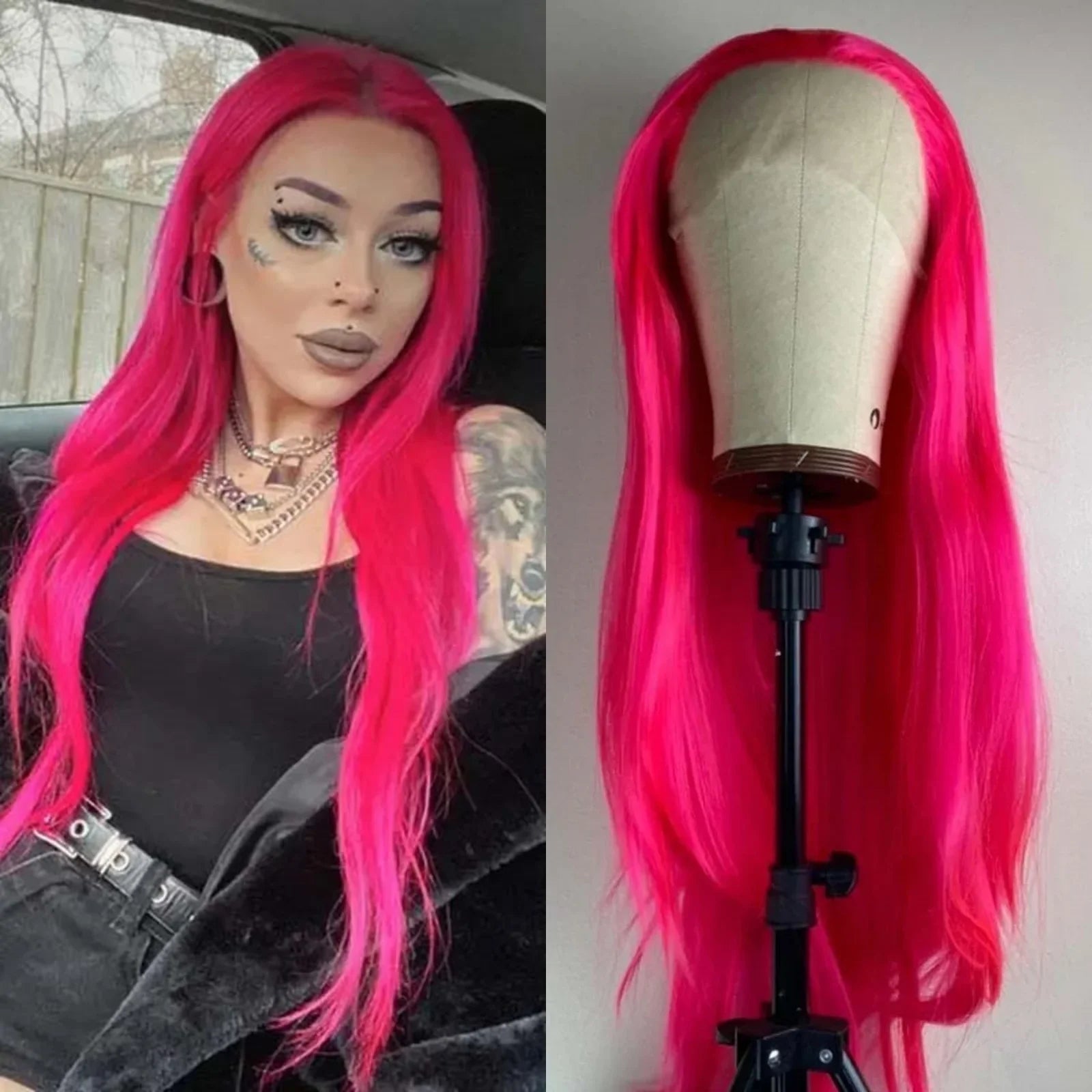 Qfdian 13X4 Hot Pink Wig Long Straight Synthetic Lace Front Wig Natural Rose Red Colored Hair Lace frontal Wigs for Women Party Cosplay