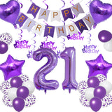 Qfdian  Purple White Foil Birthday Number Decorations Happy Birthday Banner Purple Happy Birthday Swirls Foil Heart Star Latex Balloons