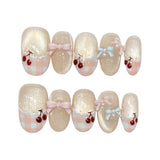 Qfdian  10PCS Handmade Press on Nails Sweet Cute Bow Decor Short Cat Eyes False Nails for Girl Women Wearable Reusable Ins Fake Nails
