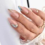 Qfdian 24Pcs Short Round Head False Nails Glitter Pink Almond Fake Nails Strawberry Full Cover Press on Nails Wearable Nail Tips