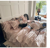 Qfdian Vintage Rose Oil Painting Style Ruffles Egyptian Cotton Bedding Set Duvet Cover Bed Sheet/Bed Skirt/Fitted Sheet Pillowcase 4Pcs