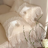 Qfdian  Luxury Lace Ruffles Lyocell Bedding Set, Soft Cooling Flower Duvet Cover Set Bed Sheet/Bed Skirt/Fitted Sheet Pillowcases 4Pcs