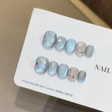 Qfdian  10Pcs Star Cat Eye False Nails with Glue Light Blue Fake Nails Love Pearl Sparkling Press on Nails Sweet Cool Short Square Nail