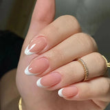 Qfdian 24Pcs Mid-length Stiletto Fake Nail with Jelly Glue Aurora Pure White Design Almond False Nails Wearable Oval Press on Nails