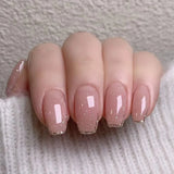 Qfdian 24Pcs Nude Pink Nail Tips Short Round Head False Nails with Design Wearable Finished Fake Nails Full Cover Press on Nails