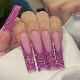 Qfdian  24Pcs Long Coffin False Nails Pink French Flowers Design Fake Nail with Butterfly Rhinestone Wearable Ballet Press on Nails