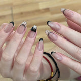 Qfdian  24Pcs Mid-length Almond Ballet False Nails Simple Cat Eye Design Press on Fake Nail Wearable Full Cover Nail Tips Manicure Tools