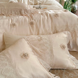 Qfdian  Luxury Lace Ruffles Lyocell Bedding Set, Soft Cooling Flower Duvet Cover Set Bed Sheet/Bed Skirt/Fitted Sheet Pillowcases 4Pcs