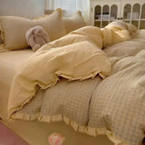 Qfdian  ‌Ins Princess Style Washed Double-Layer Gauze Bedding Set - Thickened Crinkled Gauze Cute Dorm 3-Piece/4-Piece Sheet & Duvet Cove