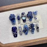 Qfdian  Deep Blue Dream Court Press On Nails 3D Rose Iridescent Rhinestone Flexible Resin Multiple Sizes Ideal for Court Outfits Dinners