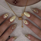 Qfdian  24pcs Sweet Pink Flower Press On Nails Glossy Short Almond Full Cover Stick-on Nails Gold Stripe Blush Artificial False Nails