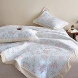 Qfdian  Flower Printed Bed Cover with Lace French Style Washed Cotton Bedspreads Quilted cobre leito de casal Comfortable and Soft