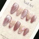 10pcs Handmade Press on Nails Purple Cat Eye Fake Nails for Girls Women Wearable Detchable Sweet Flower Almond False Nails