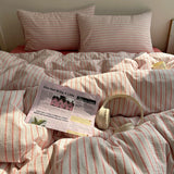 Qfdian  Nordic Bedding Set Pure Cotton Striped Duvet Cover Set Soft Flat Sheet Single Queen Size Double Bed Sheet Set For Bedroom Decor