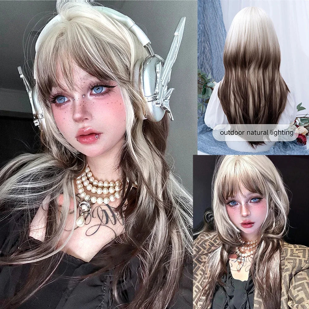 Qfdian 26Inch Blonde Brown Ombre Aloof Style With Bang Synthetic Wigs Long Straight Hair Wig for Women Daily Use Cosplay Heat Resistant