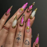 Qfdian  24pcs Long Stiletto Press on Nails Hot Girl Almond False Nails Nude Flower Rhinestones Full Cover Fake Nail Finished Manicure