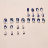 Qfdian  24pcs Smudging Blue False Nails Gentle Almond Gold Star Patterns Press On Nails Romantic Wearable Fake Nail Spicy Girl Manicure