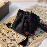 Qfdian  Y2k Vintage Beading Tassel Mini Handbags Women Purses Fashion Jacquard Top-Handle Bag Drawstring Pleated Shoulder Crossbody Bags