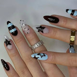 Qfdian  24pcs Mid-length Almond Fake Nail Art Wine Red French Nails Tips Bow Polka Dot Design False Nail Set Sweet Cherry Press on Nails