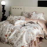 Qfdian Floral Plant Print Color Blocking Bedding Set Lyocell Bamboo Fiber Soft Silky Duvet Cover Flat/Fitted Bed Sheet Pillowcases 4Pcs