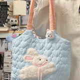 Qfdian  Korean Girls Students Preppy Shoulder Bags Cartoon Rabbit Flocking Sweet Bow Women's Handbags Fashion Y2k Aesthetic Underarm Bag