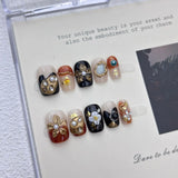 Qfdian  10pcs Amber Cat Eye Press on Nails Gold Glitter Fake Nails Vintage Autumn Winter Short Square False Nails Brown Gradient Nail