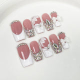 Qfdian  10pcs Luxury Gold Press on Nails 3D Flower False Nails Pearl French Manicure Handmade Fake Nail Tips Square Medium Nail Stickers