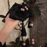 Qfdian  Y2k Vintage Beading Tassel Mini Handbags Women Purses Fashion Jacquard Top-Handle Bag Drawstring Pleated Shoulder Crossbody Bags