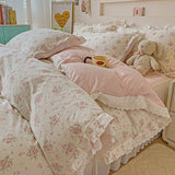 Qfdian 3/4Pcs Pastoral Floral Lace Ruffles 100% Cotton Bedding Set Single Queen Duvet Cover Bed Skirt/Bed Sheet/Fitted Sheet Pillowcase