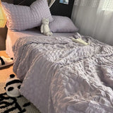 Qfdian 4ps INS Girl Blue Bedding Sets Solid Color Seersucker Ruffles Lace Kawaii Soft Sheet Woman Duvet Cover Pillow Covers Quilt Cover