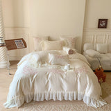 Qfdian 4Pcs Flowers Embroidery Lace Ruffles Princess Wedding Bedding Set Egyptian Cotton Duvet Cover Bed Sheet/Fitted Sheet Pillowcases