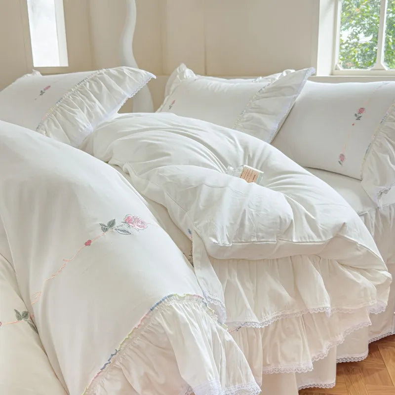 White Shabby Ruffle Duvet Cover Bedskirt Pillowcases 100%Cotton Ultra soft Farmhouse Chic Embroidery Bedding Comforter Cover