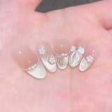 Qfdian  24pcs Red Cat Eye Press on Nails Pearl Heart Stick on Nails Bow French Fake Nails Sweet Cute Flower Nail Almond 3D False Nail