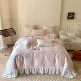 Qfdian 4Pcs Flowers Embroidery Lace Ruffles Princess Wedding Bedding Set Egyptian Cotton Duvet Cover Bed Sheet/Fitted Sheet Pillowcases