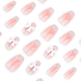 Qfdian  24pcs Sweet Blush Cat's Eye False Nails Glossy Pink 3D Transparent Bowknots Decor Press On Nails French Style Simple Fake Nail
