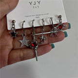 Qfdian  6PCS Gothic Red Crystal Heart Cross Star Pendant Earrings Set For Women Men Trend Punk Grunge Y2K Aesthetic Jewelry Accessories